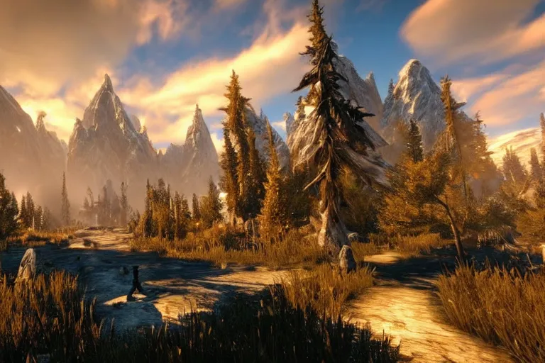 Image similar to fantasy world, skyrim, ultra realistic!!!, clear weather, golden hour, sharp focus