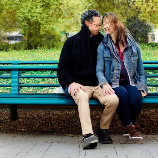 Prompt: a couple sitting on a park bench, photograph