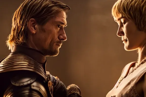 Image similar to very very intricate photorealistic photo of jaime lannister fighting cersei, photo is in focus with detailed atmospheric lighting, award - winning details