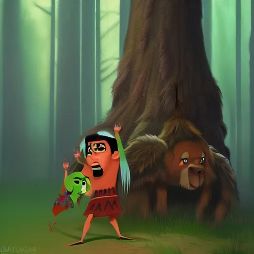 Prompt: medium shot native american, in a dark forest, mysterious, backlit, still from a pixar dreamworks movie, trending on artstation