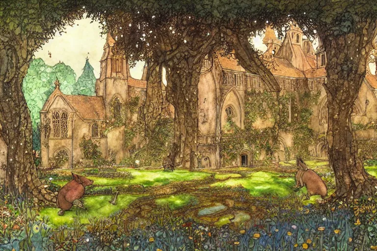 Prompt: an elaborate and dense painting of the peaceful redwall abbey in mossflower wood, detailed, made of alcohol ink on parchment and penned illustrations, by brian jacques and jean baptiste monge