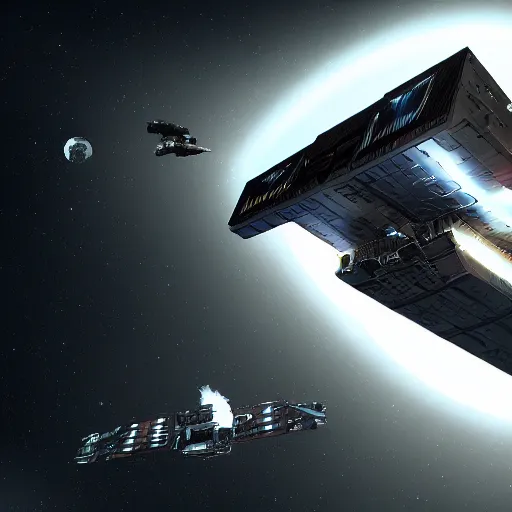 Image similar to spaceship made of shipping containers, black background, eve online, the expanse, long shot