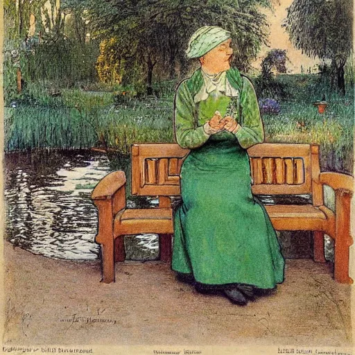 Prompt: an edwardian woman wearing a green dress sits on a bench by a pond in the moonlight, in the style of Carl Larsson