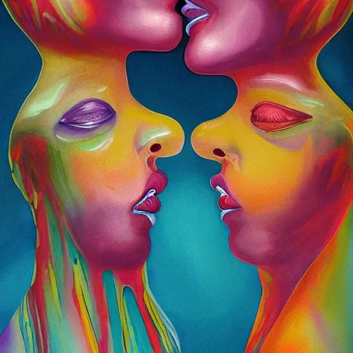 Image similar to expressive painting by francesca sundsten of two bizarre psychedelic femme creatures kissing each other closeup, speculative evolution, exobiology