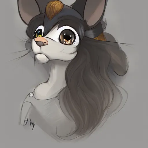 Image similar to 3/4 headshot of young female furry, D&D, cute, fantasy, intricate, long hair, dark grey skin, mouse face, mouse nose, mouse head, mouse ears, black hair, elegant, highly detailed, cartoony, artstation, concept art, smooth, sharp focus, illustration, art by Diives