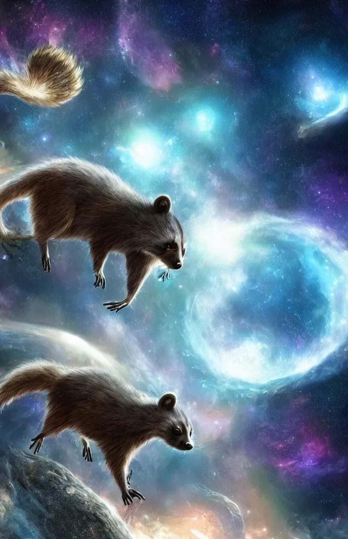 Prompt: A digital concept art painting a space cosmic racoon in the stars 4K UHD image, unreal engine