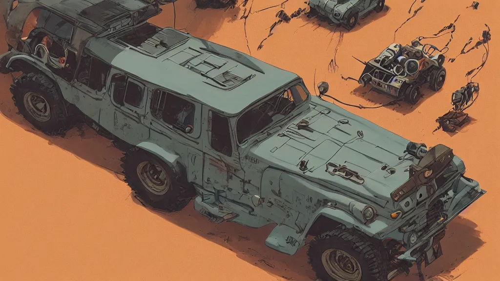 Image similar to digital illustration of mad max's fj 4 0 pursuit special, the last v 8 interceptor driving down a deserted dessert highway in the middle of the day by studio ghibli, anime style, by makoto shinkai, ilya kuvshinov, lois van baarle, rossdraws, basquiat