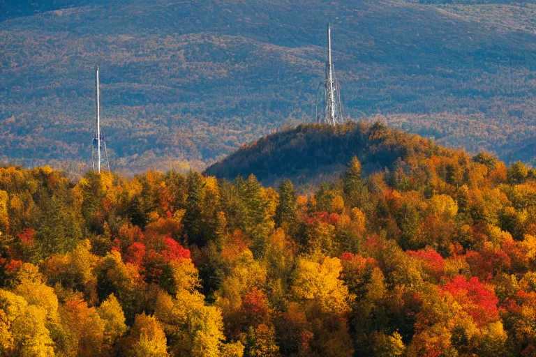 Image similar to a mountain with a radio tower next to a pond, autumn hills in background. telephoto lens photography.