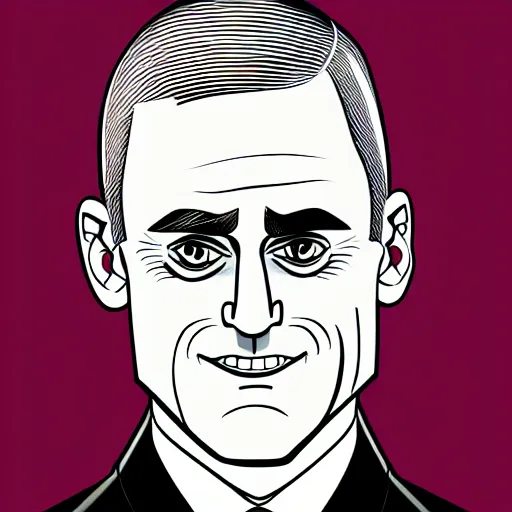 Image similar to digital portrait of secretary of denis mcdonough face with featureless eyes, cover art of graphic novel, evil laugh, menacing, Machiavellian puppetmaster, villain, simple style, solid colors, clean lines, clean ink, trending on artstation