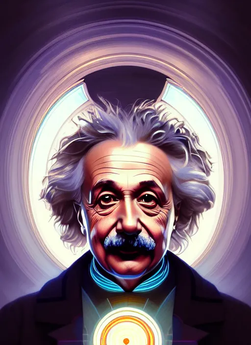 Image similar to symmetry!! portrait of einstein, sci - fi, glowing lights!! intricate, elegant, highly detailed, digital painting, artstation, concept art, smooth, sharp focus, illustration, art by artgerm and greg rutkowski and alphonse mucha, 8 k