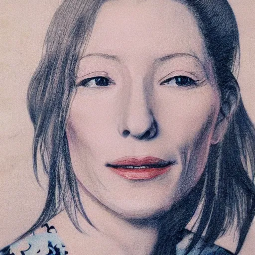 Image similar to “ cate blanchett portrait by ikenaga yasunari and ayana otake and ko rakusui, 6 0 s poster, drawing, realistic, sharp focus, japanese, dreamy, nostalgia, faded, golden hues, floral clothes, porcelain skin ”