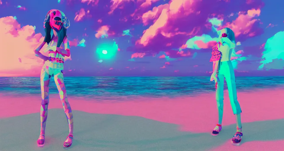 Prompt: fullbody vaporwave art of a fashionable ghoul girl at a beach, early 90s cg, 3d render, 80s outrun, low poly, from Hotline Miami