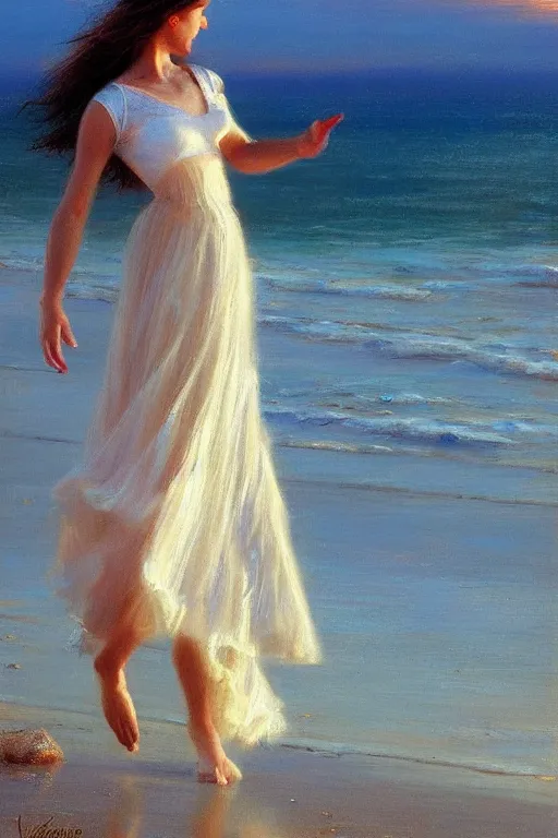 Prompt: a girl dancing on the seashore at sunset, by vicente romero redondo