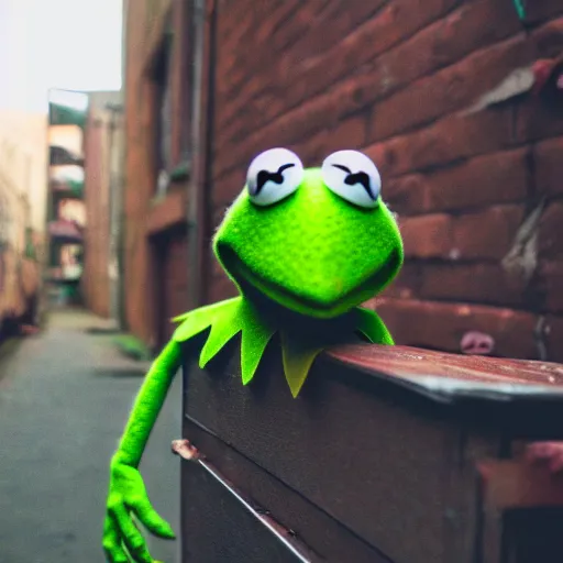 Image similar to DSLR photo of Kermit the frog drunk in a back alley