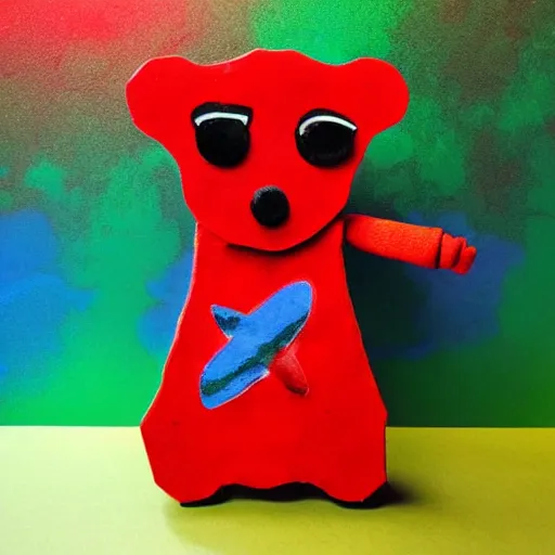 Image similar to Liminal space in outer space puppet!!!!!!, red puppet with green and blue galaxy background, (((sand art bottle)))