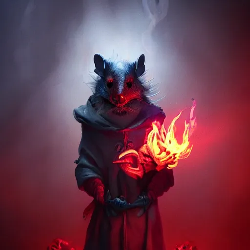 Image similar to an anthropomorphic rat with a rat skull head and glowing red eyes wearing dark robes and floating in blue smoke and holding a blue flame in each bony claw, dramatic lighting, darkness and bright blue smoke, foreboding, photorealistic, sharp focus, 8 k, artstation, artstation hq, greg rutkowski, gregory manchess