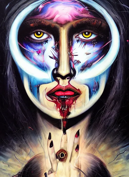 Image similar to incredible magic cult psychic woman, symmetrical painted face, third eye, energetic consciousness psychedelic, epic surrealism expressionism symbolism, story telling, iconic, dark robed, oil painting, layers on layers on layers, dark myth mythos, by Sandra Chevrier , Bruce Pennington, masterpiece