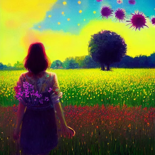 Image similar to girl walking in flower field, daisy flower as a face, full body, surreal photography, sunrise, impressionist painting, colorful clouds, digital painting, artstation, simon stalenhag, flower face