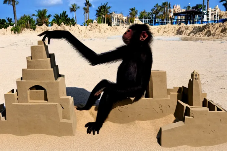 Image similar to a monkey touching a completed sand castle