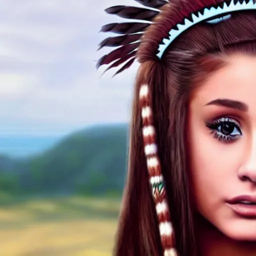 Image similar to ariana grande as a beautiful native american from 300 years ago, colour, photography, realistic,