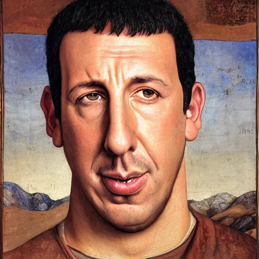 Prompt: Adam Sandler portrait, by Quirizio di Giovanni da Murano, behance, romanesque, da vinci, detailed painting, academic art