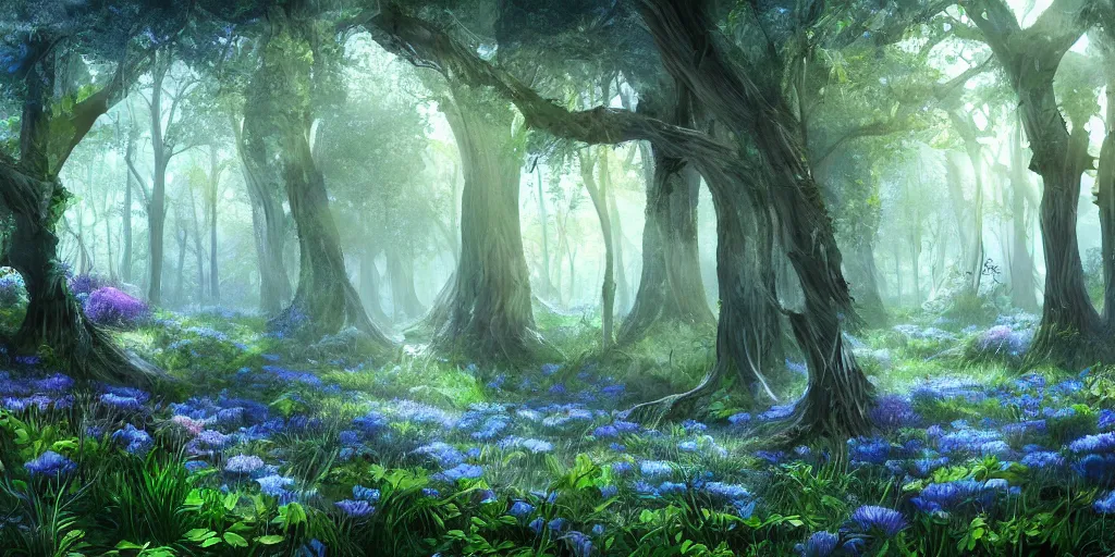 Prompt: mystical old wood forest, blue crystal shards embedded in the trees, canopy filtered dappled light, lush grass and flowers, narrow creek running through, fantasy digital art, trending on artstation