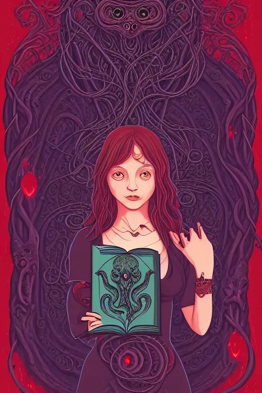 Image similar to ai illustration of romantic girl, her cat and her book of necronomicon, symmetrical, cinematic, sharp focus, 4 k, ultra hd, sense of awe, sinister demonic atmosphere, dreadful, forbidden knowledge, old gods, cthulhu, yog - sothoth! yah, yah, yah! cultist journal cover