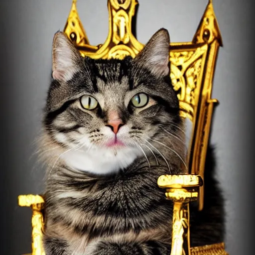 Prompt: cat as a king sitting on a throne ruling the world