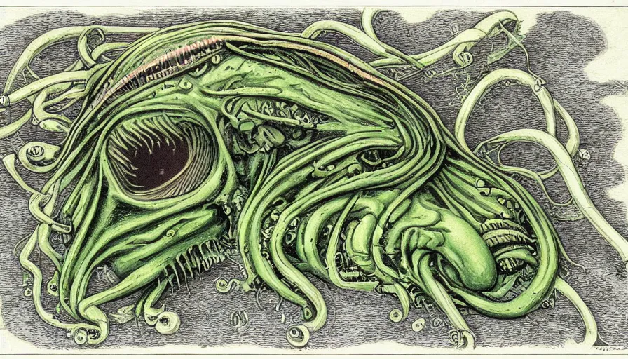 Image similar to cthulhu cross section scientific illustration biology book, highly detailed