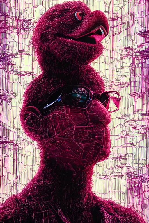 Image similar to portrait of Elmo in The Matrix. intricate abstract, intricate artwork by Tooth Wu, wlop, beeple, dan mumford. octane render, trending on ArtStation, greg rutkowski, very coherent symmetrical artwork. cinematic, hyper realism, high detail, 8k, iridescent accents