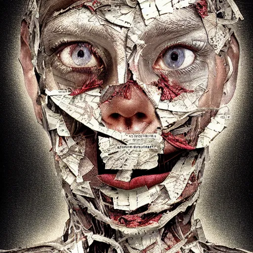 Image similar to face shredded like paper as skin peeling, dark, surreal, illustration, realistic horror