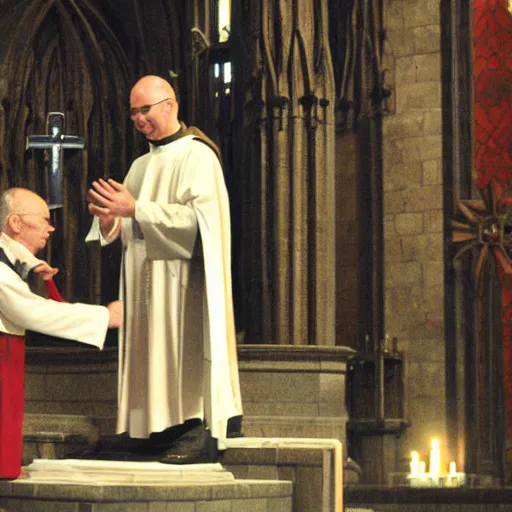 Image similar to catholic priest baptizing a scary goblin in a church