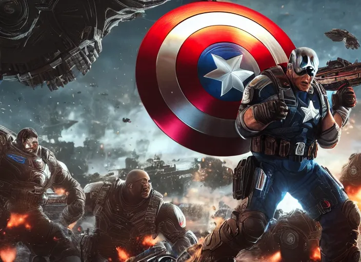 Image similar to trump as captain america in gears of war, splash art, movie still, cinematic lighting, ray tracing, octane render, long lens, shallow depth of field, bokeh, anamorphic lens flare, 8 k, hd, 4 k, hyper detailed, 3 5 mm film grain