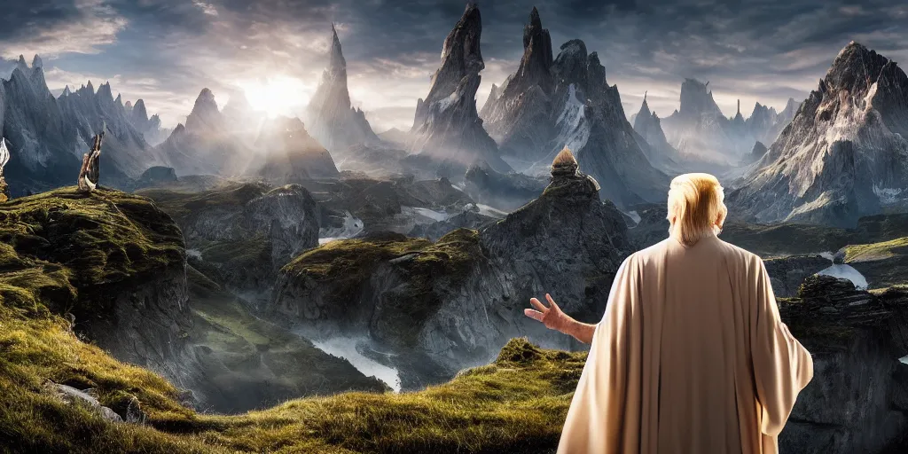 Prompt: a beautiful wide shot of donald trump in gandalf's robes facing the camera, the panorama of middle earth in the background, intricate detail, god rays, photography, volumetric light, cinematic, 8 k