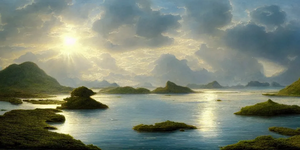 Image similar to a beautiful painting of a A paradisiacal landscape of a sea lagoon surrounded by islands, a fantastic city built on water, rays of light illuminating the water by John Howe, Trending on Artstation, Landscape vista