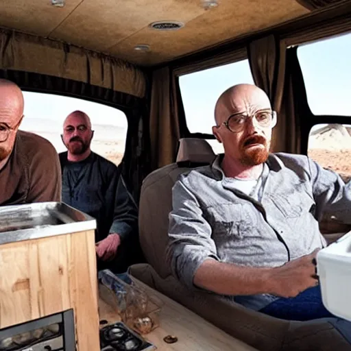 Image similar to walter white and jessie pinkman cooking meth in their rv in the desert,