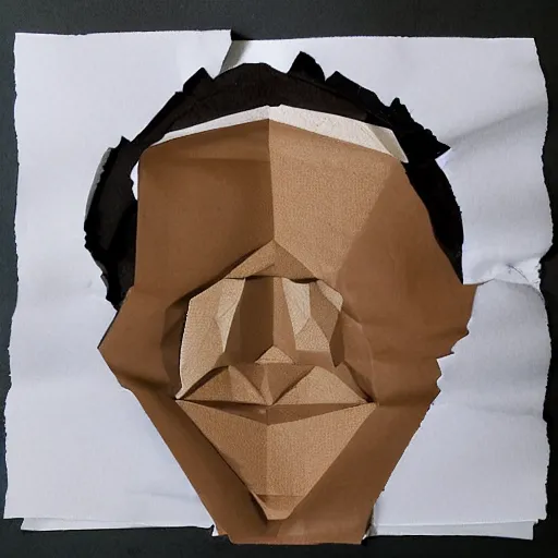 Prompt: a face of a man with wavey medium short hair made from layered paper, smiling, 2D, flat minimalistic, ambient light