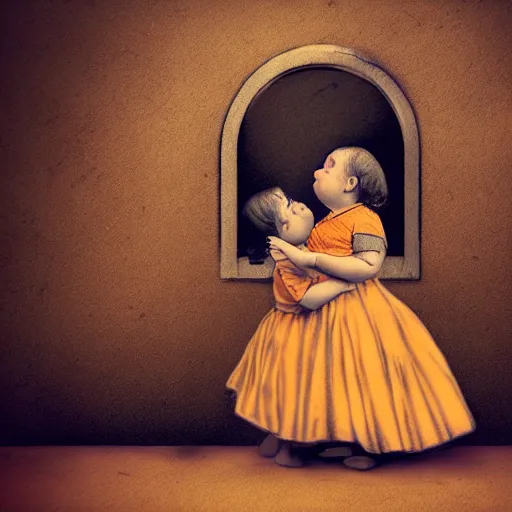 Prompt: the same style. the most beautiful little fat sweet girl is kissing a huge colorful cute fish. modern etching. colored print. hype realistic scene. old photography style. studio lighting. window. 3 d, artstation, deep focus