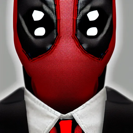 Image similar to realistic plastic figure of deadpool, wearing shirt and red tie, suit jacket, only head and chest, intricate, desaturated, trending on artstation, cinematic composition, dramatic pose, volumetric lighting, sharp, details, hyper - detailed, hd, 4 k, 8 k