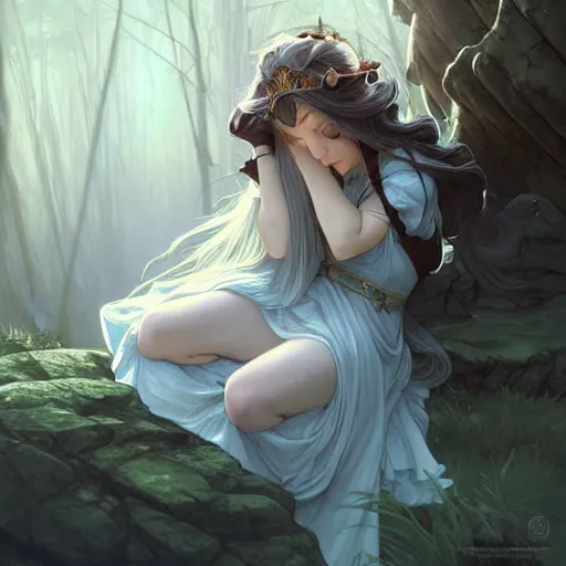 Image similar to wide angle, knight, sleeping on rock, white grey blue color palette, eyes closed, forest, female, d & d, fantasy, intricate, elegant, highly detailed, long brown hair, digital painting, artstation, octane render, concept art, matte, sharp focus, illustration, hearthstone, art by artgerm, alphonse mucha johannes voss