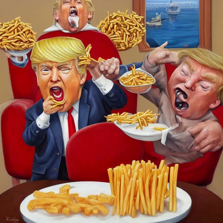 Image similar to a jon mcnaughton painting of donald trump eating a happy meal at mcdonald's