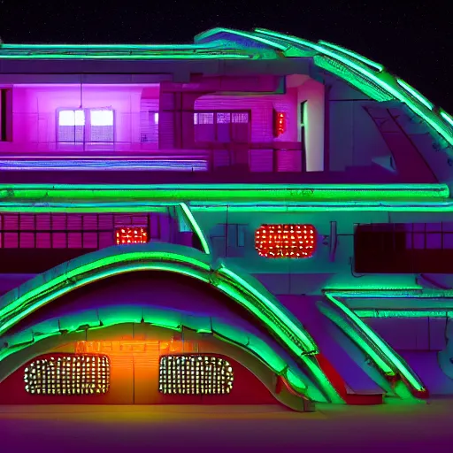 Prompt: cybernetic neon lit ndebele homestead seen from the front, highly detailed, octane rendered