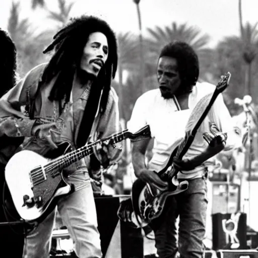 Prompt: bob marley performing at coachella with freddie murphy from queen, photo, concert