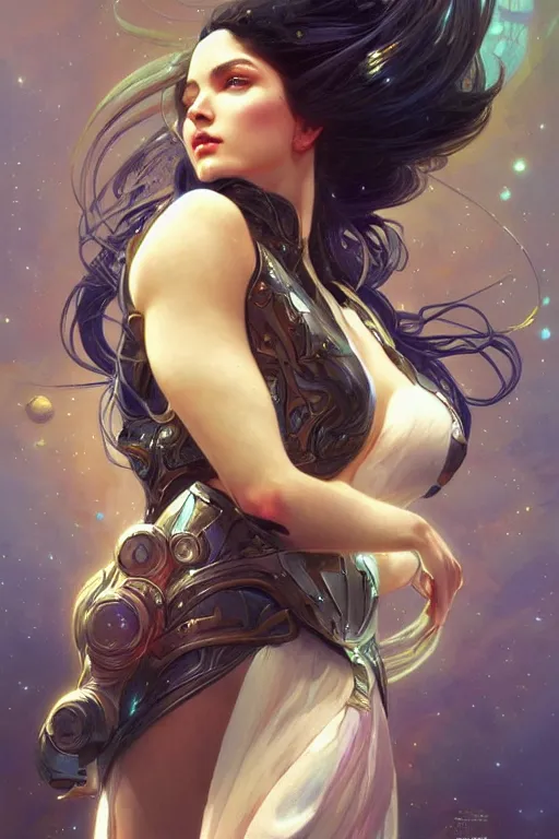 Image similar to epic portrait an space goddess, fantasy, elegant, intricate, full frontal shot, highly detailed, digital painting, artstation, concept art, sharp focus, illustration, art by artgerm and greg rutkowski and alphonse mucha