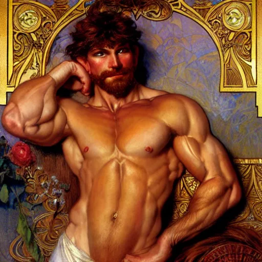 Image similar to attractive muscular mike with ginger hair and muscular attractive ty with brunet hair, drinking their hearts out, in their noble house. highly detailed painting by gaston bussiere, craig mullins, j. c. leyendecker, alphonse mucha 8 k