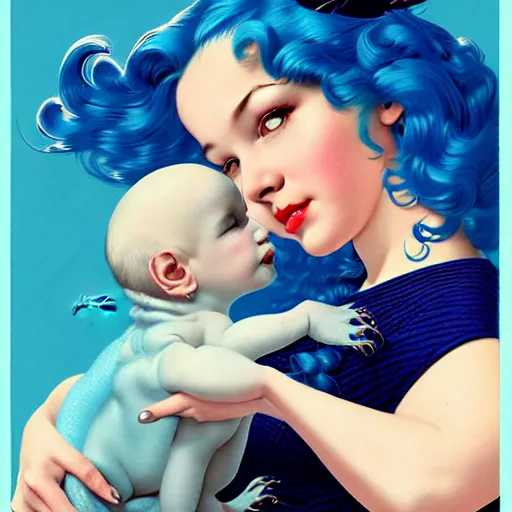 Prompt: head and shoulders portrait of a girl with blue hair and her cute baby dragon, illustration, medium shot, intricate, elegant, highly detailed, digital art, ffffound, art by gil elvgren and sachin teng