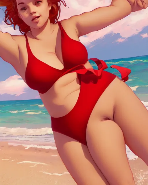 Image similar to portrait of cute chubby barbara palvin in red swimsuit running on the beach, ambient lighting, 4 k, lois van baarle, ilya kuvshinov, rossdraws, alphonse mucha, jung gi kim, artstation