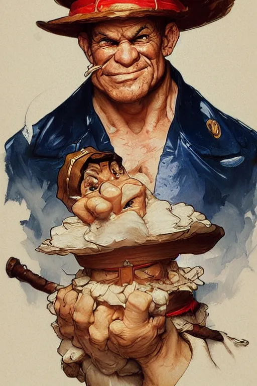 Image similar to popeye the sailor portrait, masculine, intricate, by stanley artgerm lau, greg rutkowski, thomas kindkade, alphonse mucha, loish, norman rockwell