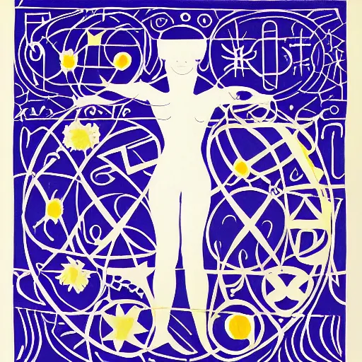 Image similar to an ultra high - resolution 8 k full - canvas scan of a cut - paper illustration of the gemini astrological zodiac sign, by henri matisse. minimalist fine art.