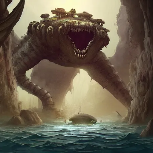 Prompt: Astronauts and some mythical animals are under the sea, they are swimming away from the giant kraken, the leviathan is behind hunting them, this is an extravagant planet with wacky wildlife, the background is full of ancient ruins, the ambient is dark with a terrifying atmosphere, by Jordan Grimmer digital art, trending on Artstation,